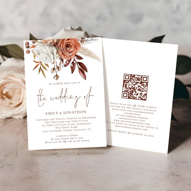 Invitation Boho Fall Terracotta Florals QR Code Mariage (front and back view)