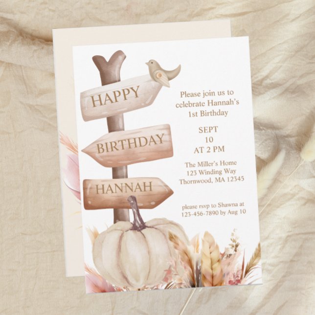 Invitation Boho Fall White Citrouille Girls First Birthday (Créateur téléchargé)