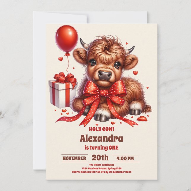Invitation Boho Farm Holy Cow Highland 1er anniversaire (Devant)