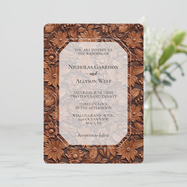Invitation Boho Faux Brown Cuir Mariage Floral (Debout devant)