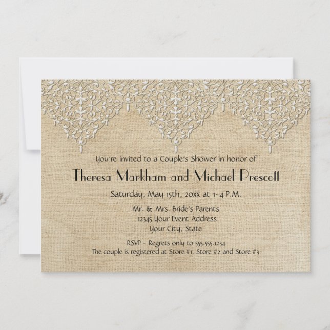Invitation BOHO Faux Burlap n dentelle gitane moderne mod gri (Devant)