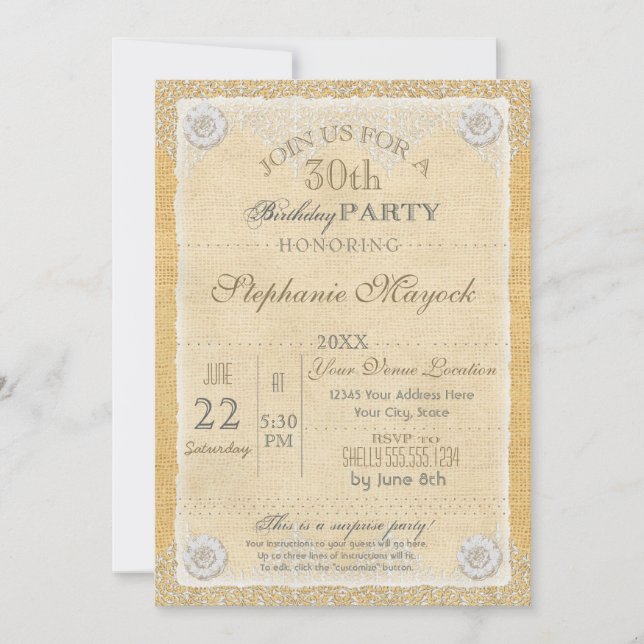 Invitation BOHO Faux Burlap n dentelle gitane moderne style m (Devant)