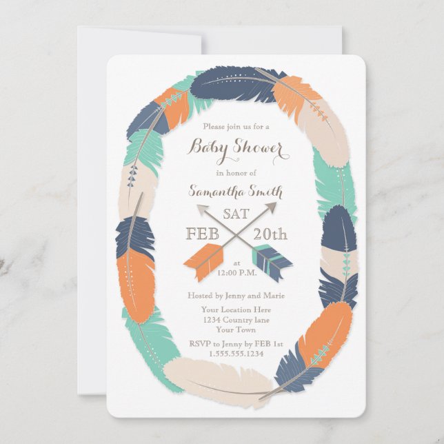 Invitation Boho Feather & Arrow Navy Orange Baby shower Turqu (Devant)