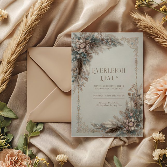 Invitation Boho Feather Floral Dusty Blue Gold Frame Wedding (Créateur téléchargé)