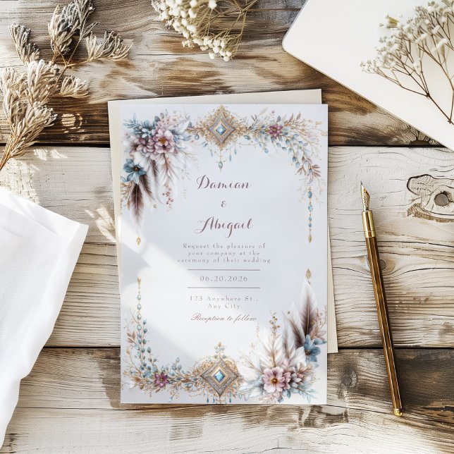 Invitation Boho Feather Floral Gold Jewel Frame Wedding (Créateur téléchargé)