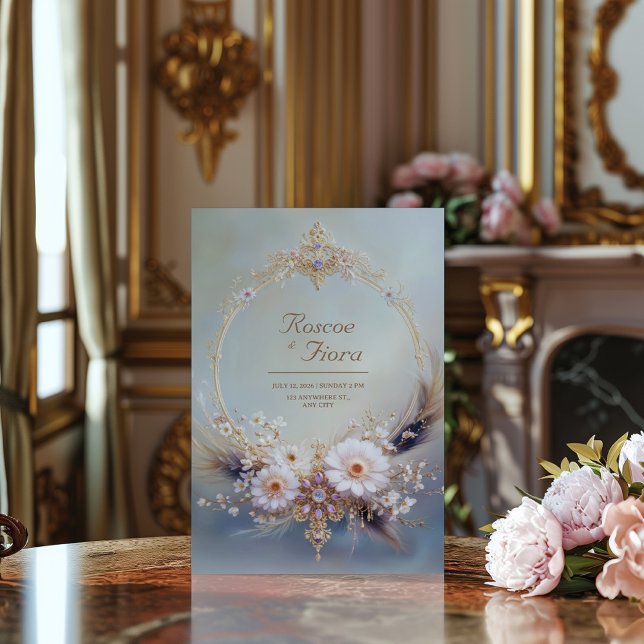 Invitation Boho Feather Gold Oval Frame Purple Jewel Wedding (Créateur téléchargé)