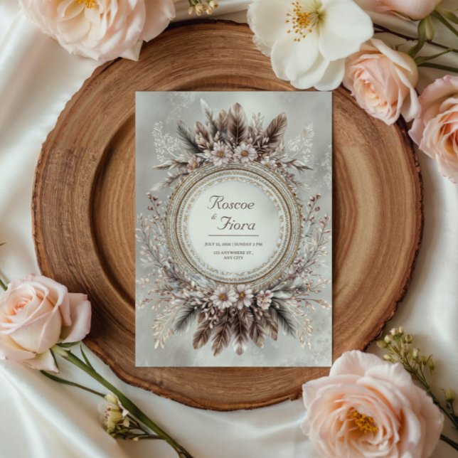 Invitation Boho Feather Wreath Pink Floral Wedding (Créateur téléchargé)