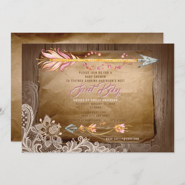 Invitation BOHO Feathers and Lace C'est un Baby shower de fil (Devant / Derrière)