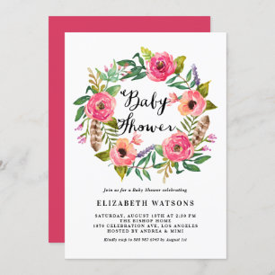 Invitation Boho Feathers Baby shower rose Floral Wreath