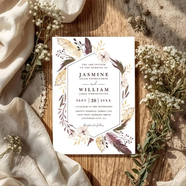 Invitation Boho Feathers Elagant Modern Chic QR Code Wedding (Créateur téléchargé)