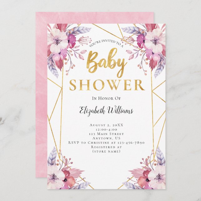 Invitation Boho Feathers Fleurs Baby shower de cadre géométri (Devant / Derrière)