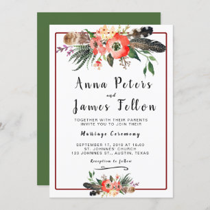 Invitation Boho Feathers Fleurs Succulent Floral Mariage