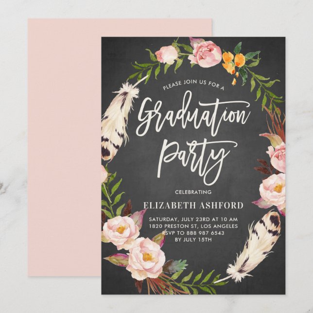 Invitation Boho Feathers Floral Wreath Chalkboard Graduation (Devant / Derrière)