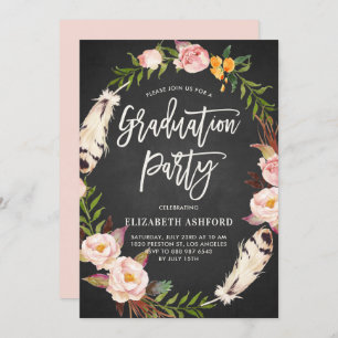 Invitation Boho Feathers Floral Wreath Chalkboard Graduation