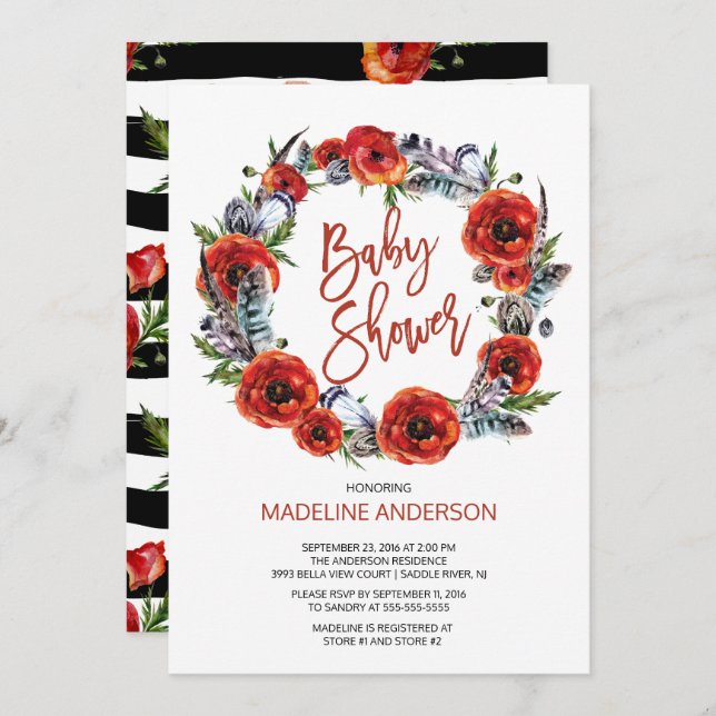 Invitation Boho Feathers Poppy Floral Fall Baby shower (Devant / Derrière)