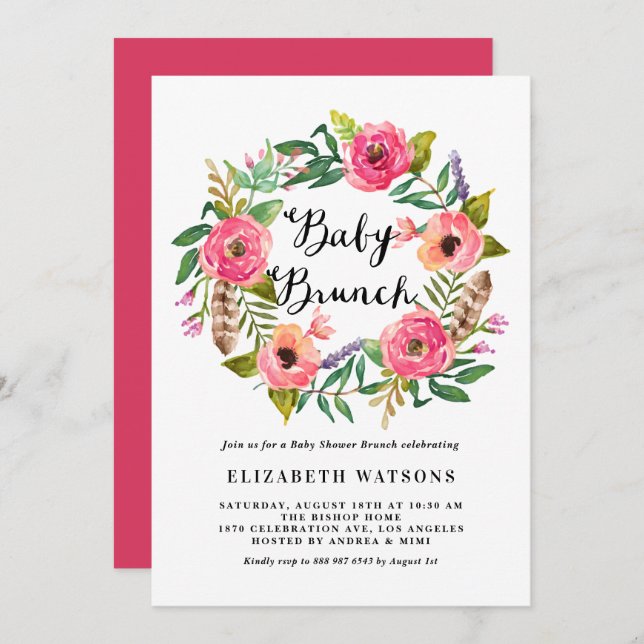 Invitation Boho Feathers rose Floral Wreath Baby Brunch (Devant / Derrière)