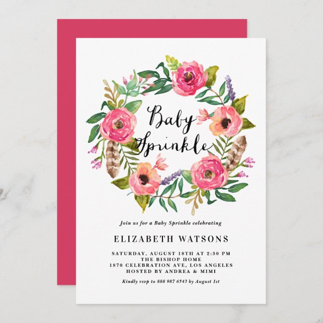 Invitation Boho Feathers rose Floral Wreath Baby Sprinkle (Devant / Derrière)