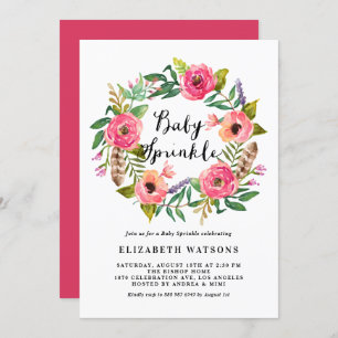Invitation Boho Feathers rose Floral Wreath Baby Sprinkle