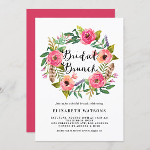 Invitation Boho Feathers rose Floral Wreath Bridal Brunch