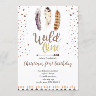 Invitation Boho Feathers Wild One Gold Girl First Birthday