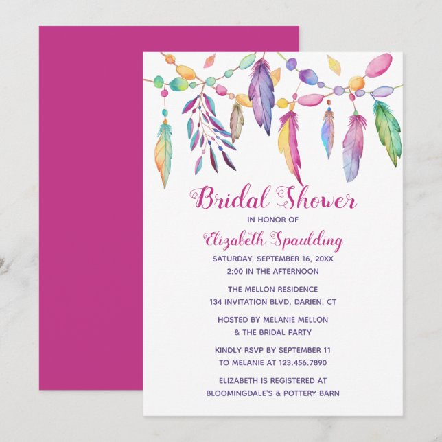 Invitation Boho Fête de l'mariée Feather Indian Purple Southw (Devant / Derrière)