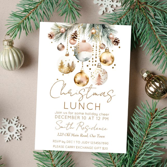 Invitation Boho fête de Noël aquarelle neige (Boho Christmas party lunch template invitation gold baubles on pines gold glitter modern invitation)