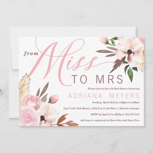 Invitation Boho Fête des mariées, Aquarelle Floral, Mlle à Mm (Devant)