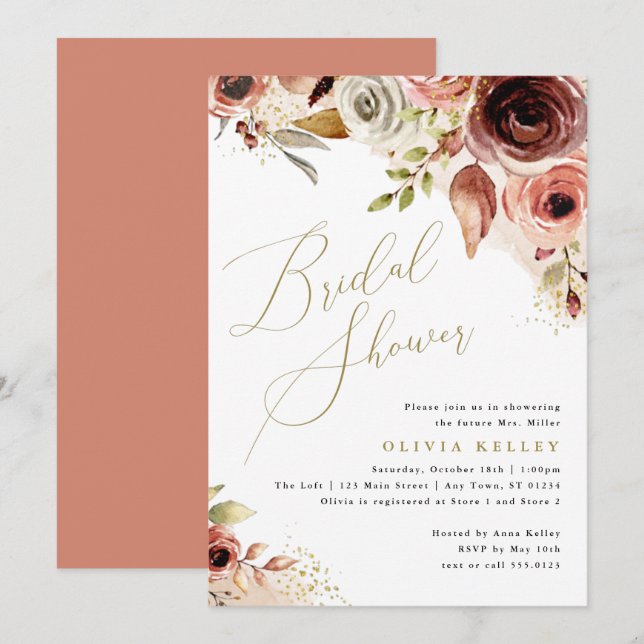 Invitation Boho Fête des mariées, Earthy Floral Gold Script (Devant / Derrière)