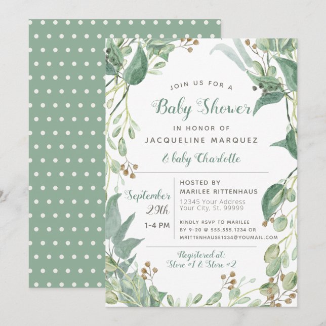 Invitation BOHO Feuillage Feuillage Eucalyptus Baby shower de (Devant / Derrière)