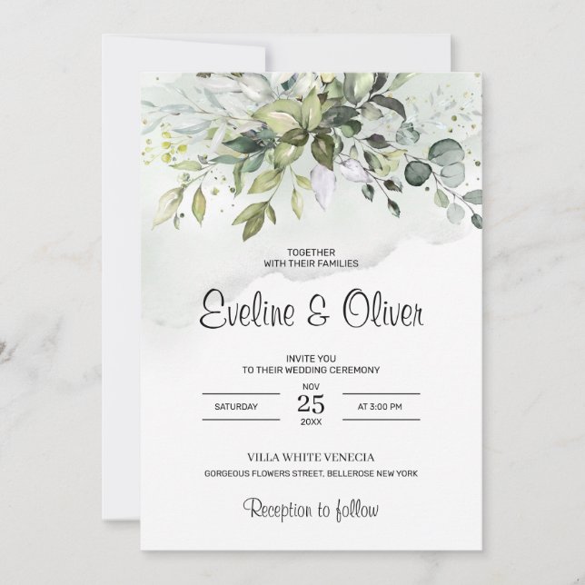 Invitation Boho feuillage vert eucalyptus pastel mariage (Devant)
