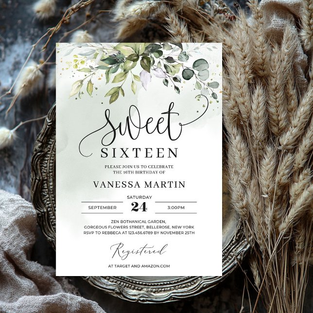 Invitation Boho feuillage vert eucalyptus sweet sixteen (Boho greenery foliage eucalyptus sweet sixteen invitation)
