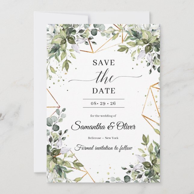 Invitation Boho feuillage vert feuille or enregistrer la date (Devant)