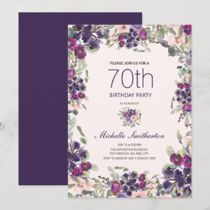 Invitation Boho feuilles vert sauge violet floral rose 70 ans