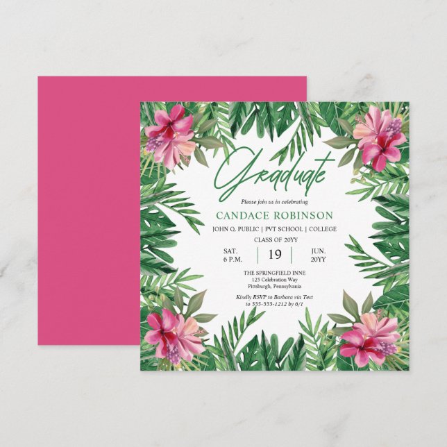 Invitation Boho Feuilles Vertes | Fête de Remise de Diplômes  (Devant / Derrière)