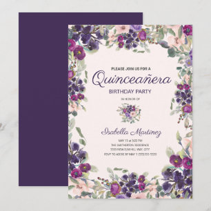 Invitation Boho Feuilles Vertes Fleurs Rose Violet Quinceañer
