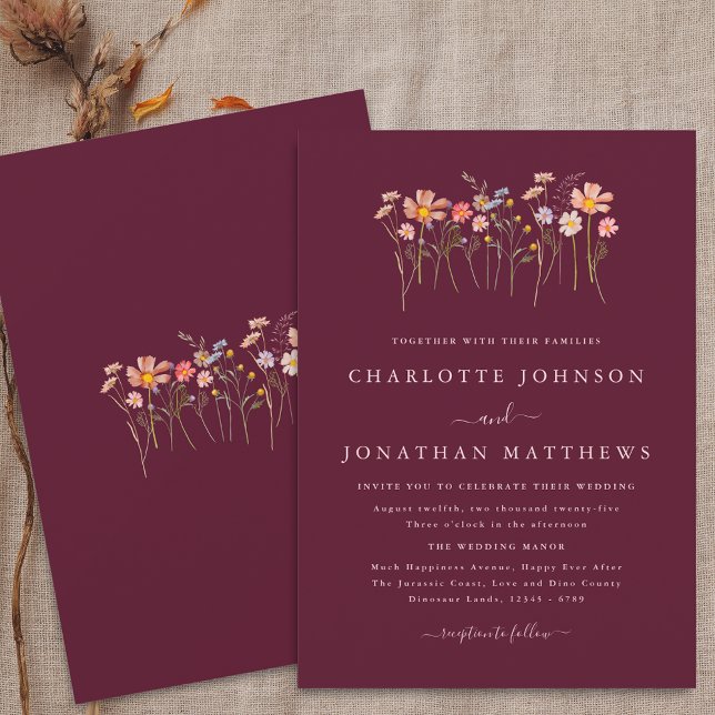 Invitation Boho Fleur de Printemps Automne Bourgogne Rose Pâl (Wildflower boho fall floral burgundy blush pink Wedding invitation Watercolor whimsical flowers)