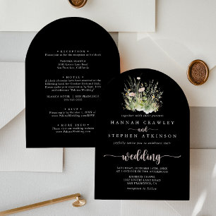 Invitation Boho Fleur sauvage Arche noire Mariage avant et ar