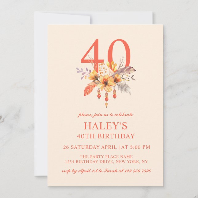 Invitation Boho Fleur Sauvage Automne Floral 40e Anniversaire (Devant)