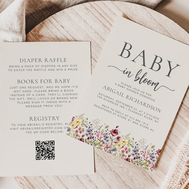 Invitation Boho Fleur sauvage Beige QR Code Baby shower (Créateur téléchargé)