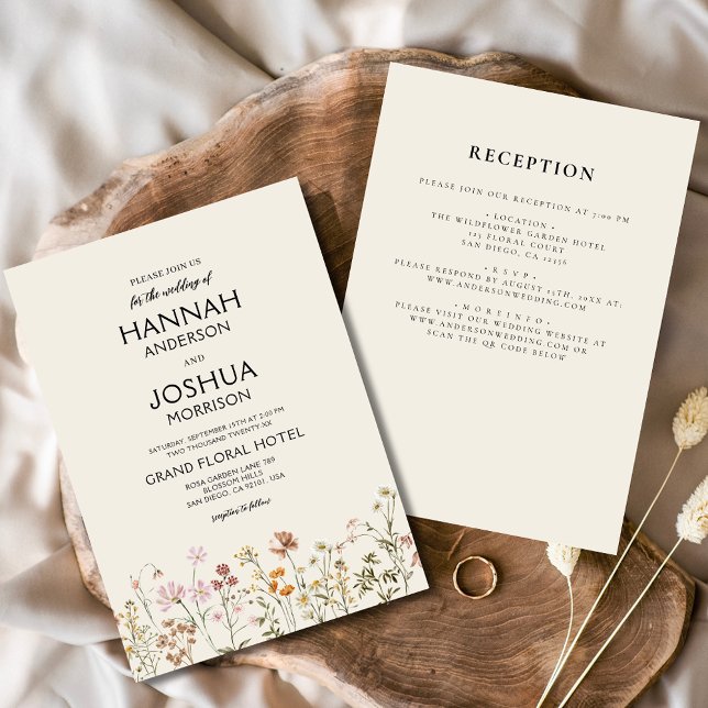 Invitation Boho Fleur sauvage beige tout en un Mariage couleu (Créateur téléchargé)