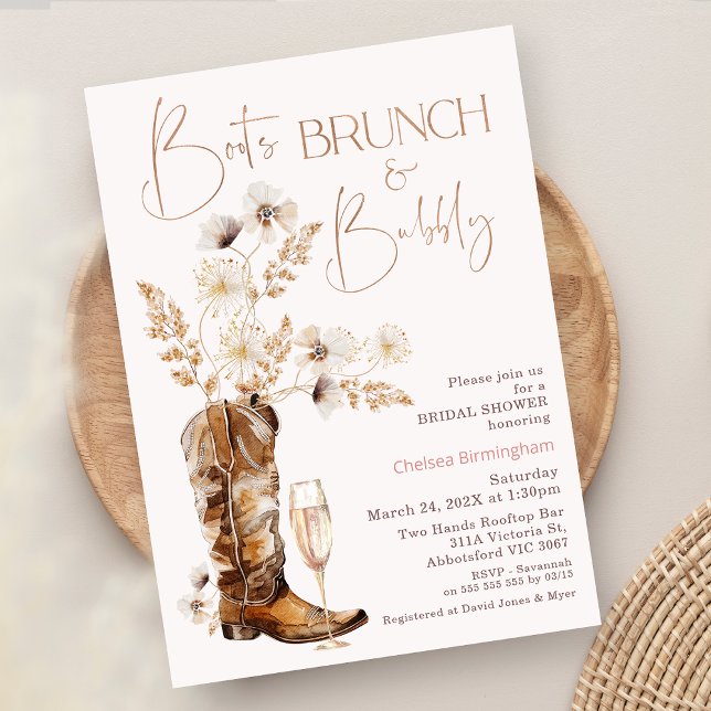 Invitation Boho Fleur sauvage Bottes Brunch Bubbly Fête des m (Boho Floral Boots Brunch Bubbly Bridal Shower Invitation, Wildflowers Boots Bubble Bridal Shower)