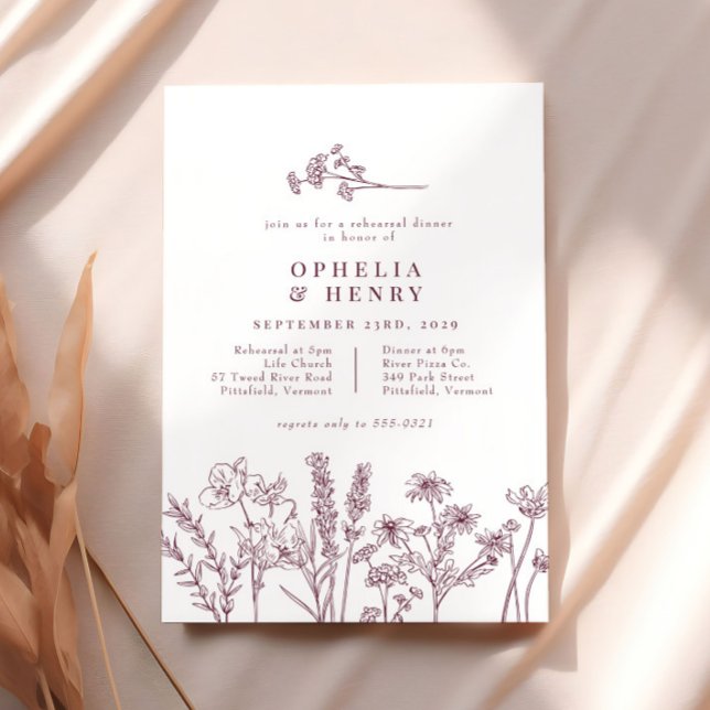 Invitation Boho Fleur sauvage Bourgogne Mariage Dîner de répé (Créateur téléchargé)