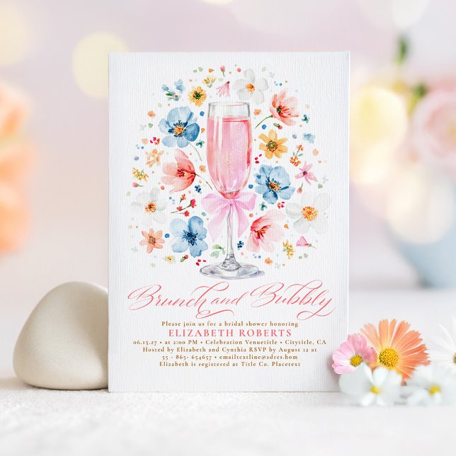 Invitation Boho Fleur sauvage Brunch et Bubbly Fête des marié (Rose Wine Wildflowers Boho Brunch and Bubbly Bridal Shower Invitation)