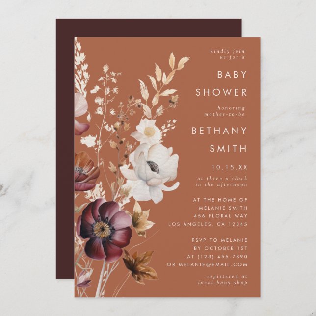 Invitation Boho Fleur sauvage d'automne Baby shower en terre  (Devant / Derrière)