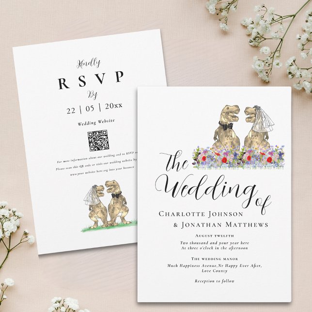 Invitation Boho Fleur sauvage Dinosaur Thème Mariage (Boho wildflower dinosaur wedding invitation with elegant script watercolor florals and qr code)