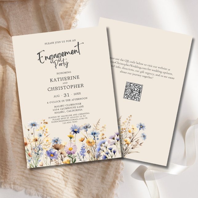 Invitation BOHO Fleur sauvage Engagement Party Élégant Beige (BOHO Wildflowers Elegant Engagement Party Invitation with Purple, Blue, Yellow Flowers, QR Code.)