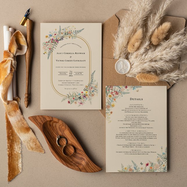Invitation Boho Fleur sauvage Fern Beige Mariage Détails et (Créateur téléchargé)