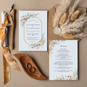 Invitation Boho Fleur sauvage Fern Dusty Blue Détails Mariage