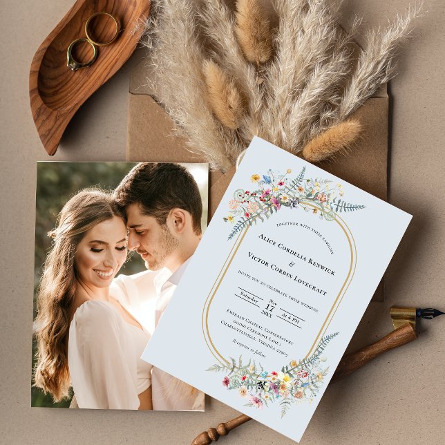 Invitation Boho Fleur sauvage Fern Dusty Blue Mariage Photo (Créateur téléchargé)