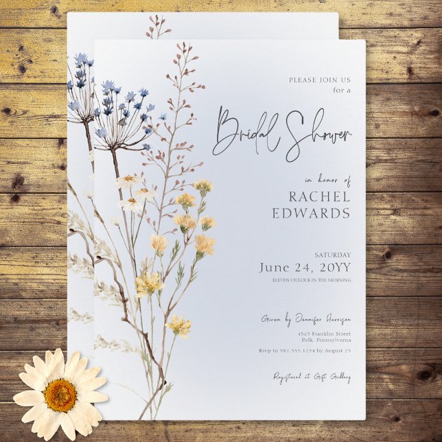 Invitation Boho Fleur sauvage Fête des mariées bleu moderne (Boho Wildflower Modern Blue Bridal Shower Invitation)